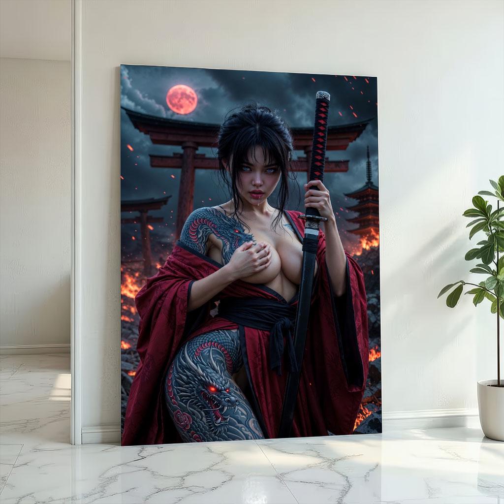 Image 2 of Fierce Samurai Woman Canvas Wall Art | Japanese Warrior Bedroom Decor | Statement Piece