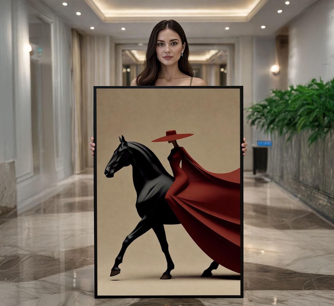 Image 1 of Elegant Woman on Horse Canvas Wall Art Print | Bold Red and Black Living Room Decor | Statement Piece
