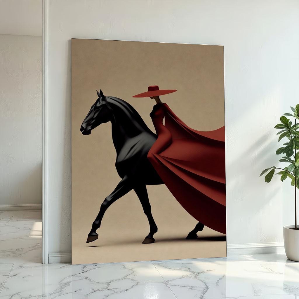 Image 2 of Elegant Woman on Horse Canvas Wall Art Print | Bold Red and Black Living Room Decor | Statement Piece
