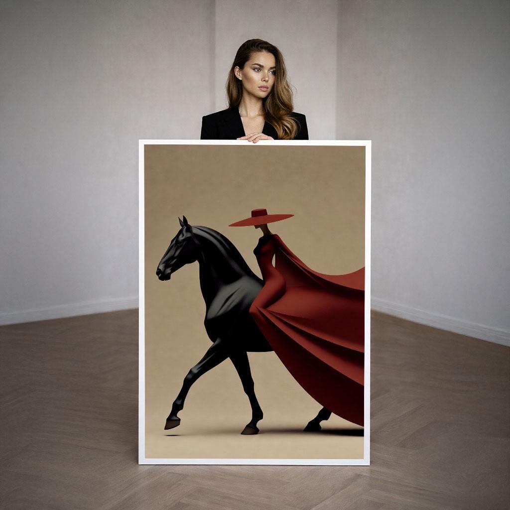 Image 3 of Elegant Woman on Horse Canvas Wall Art Print | Bold Red and Black Living Room Decor | Statement Piece