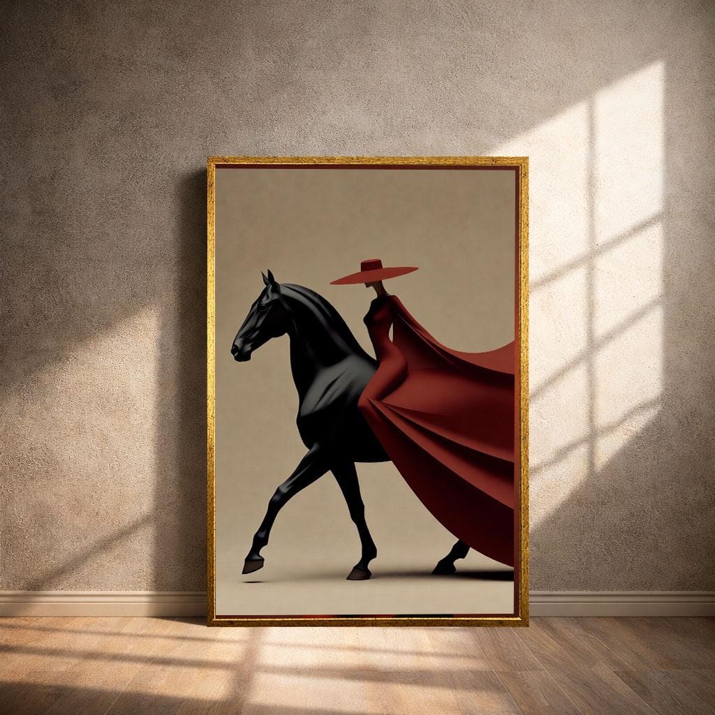 Image 4 of Elegant Woman on Horse Canvas Wall Art Print | Bold Red and Black Living Room Decor | Statement Piece