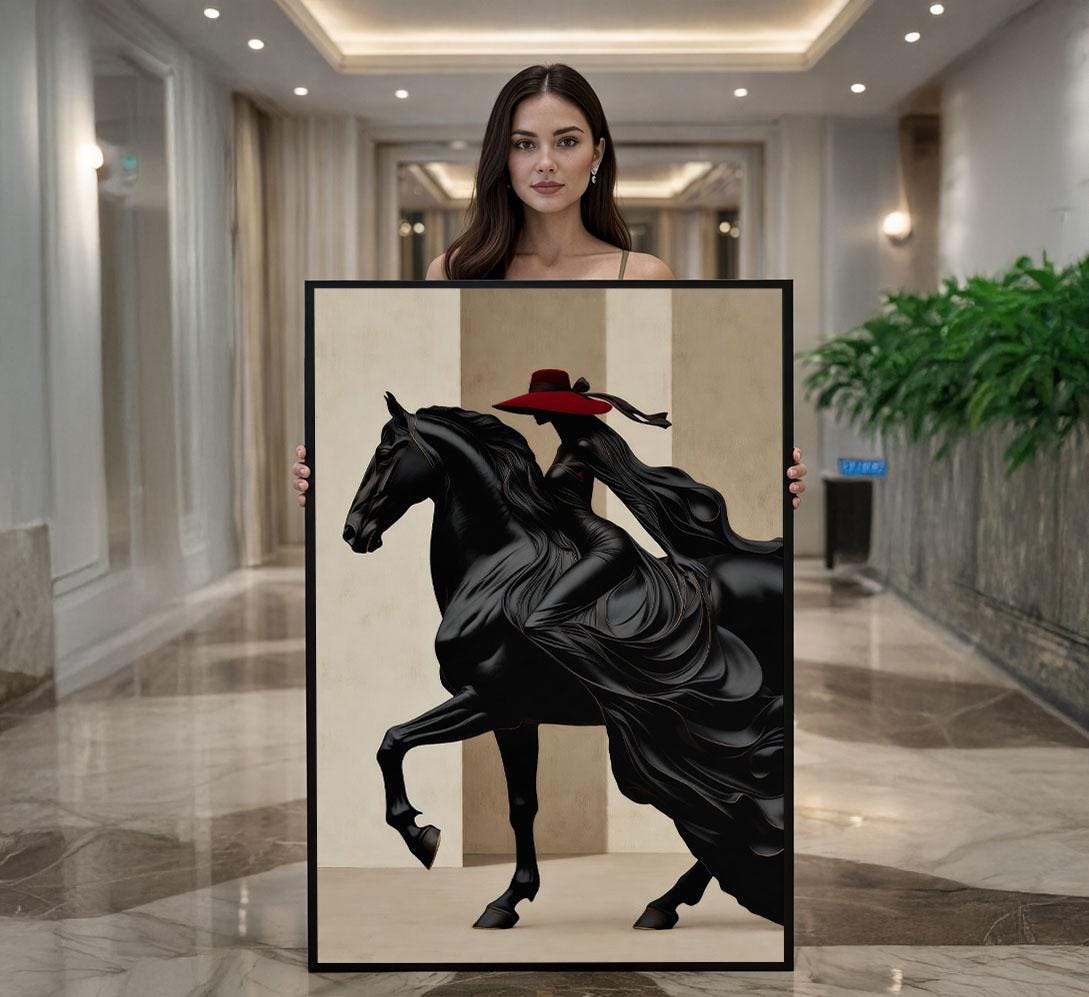 Image 1 of Elegant Woman on Horse Canvas Wall Art Print | Bold Modern Living Room Decor | Statement Piece
