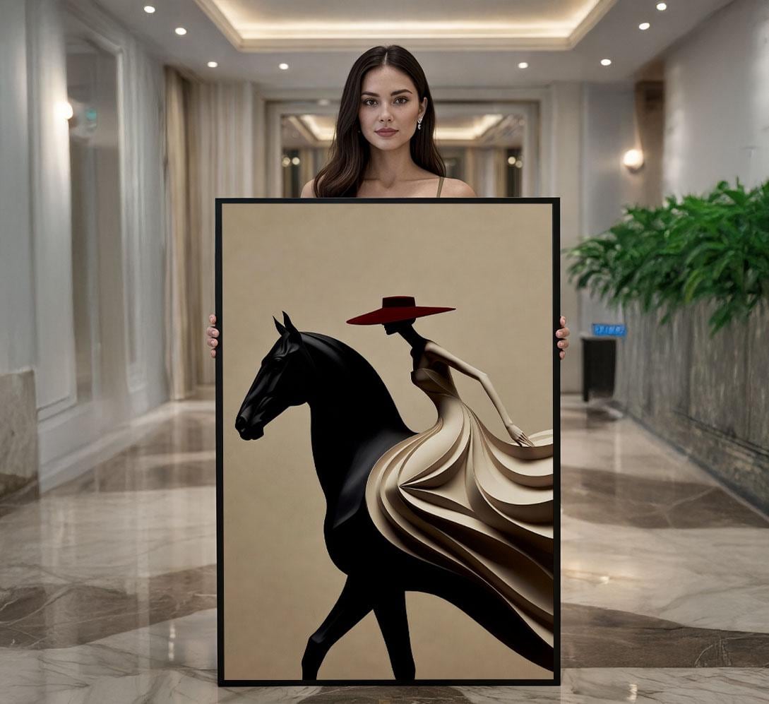 Image 1 of Majestic Horse and Elegant Woman Canvas Wall Art | Minimalist Living Room Decor | Statement Piece