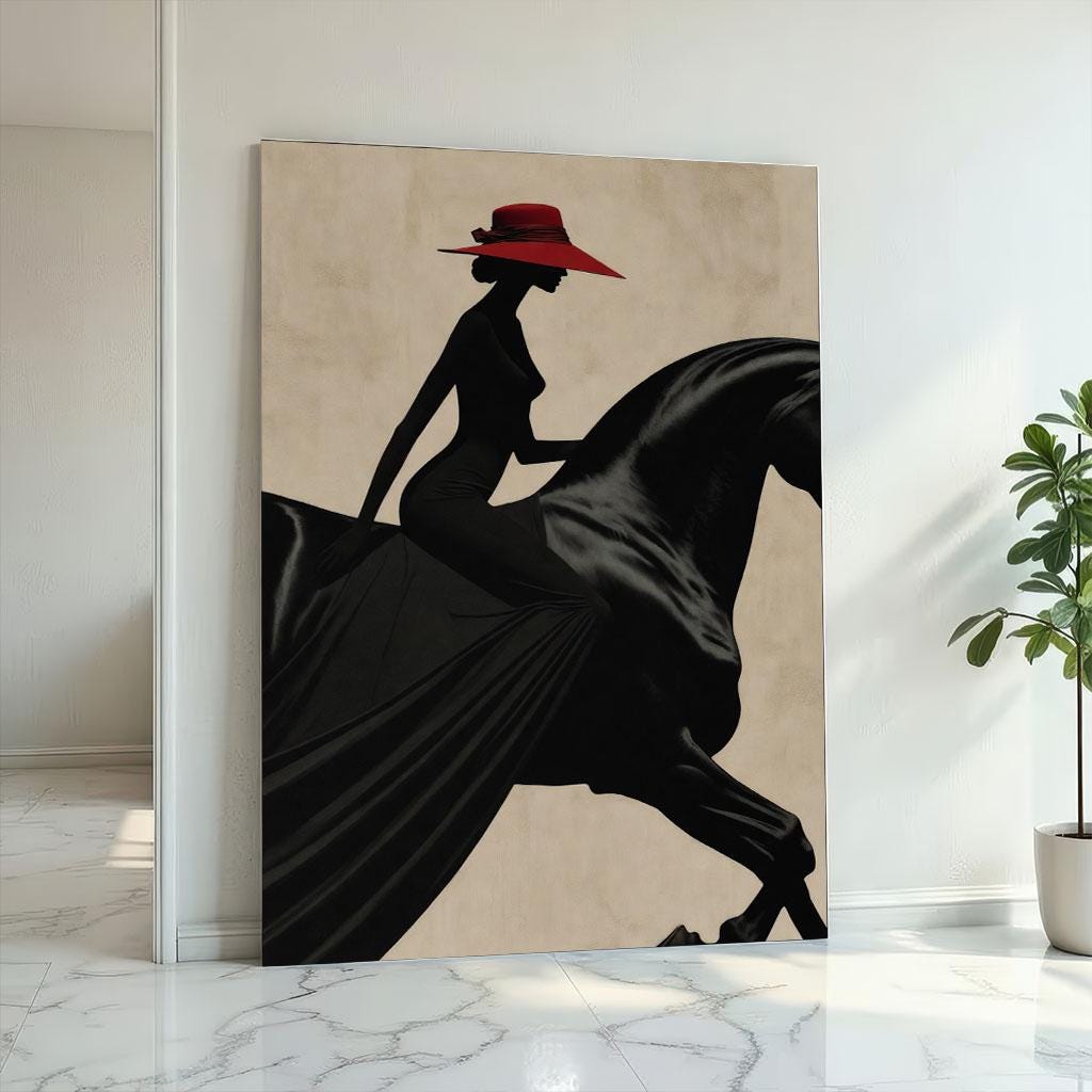 Image 2 of Elegant Woman on Horse Canvas Wall Art | Minimalist Black and Red Living Room Decor | Statement Piece