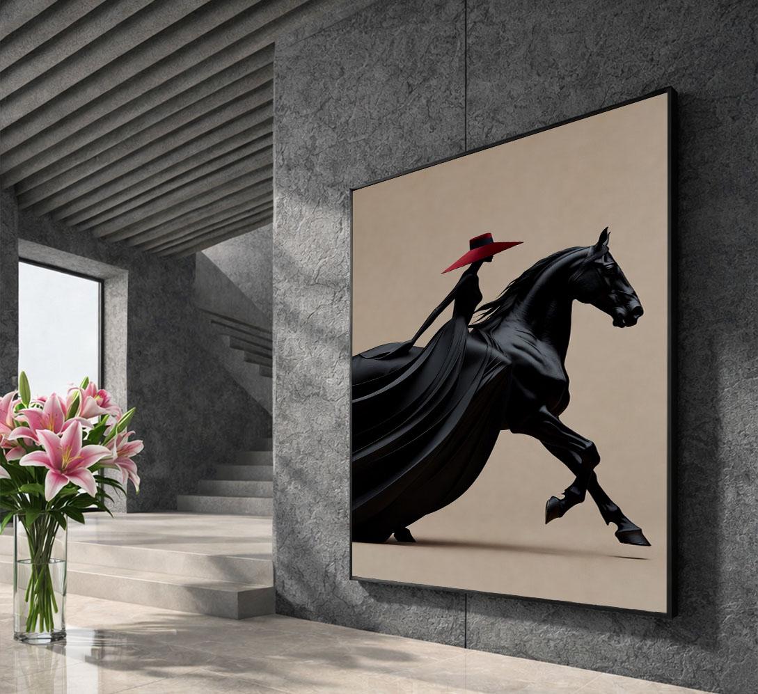 Image 5 of Mystical Black Horse and Lady in Red Hat Canvas Wall Art Print | Elegant Living Room Decor | Statement Piece
