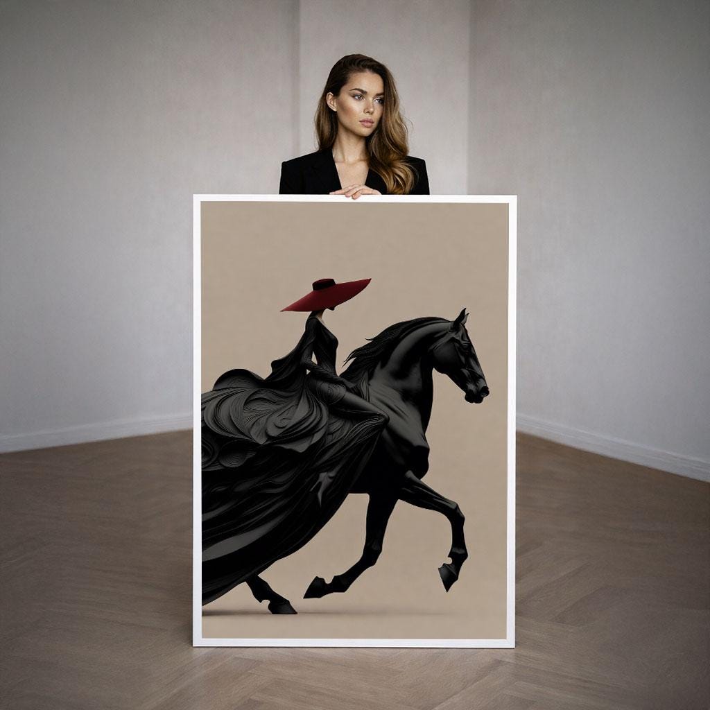Image 3 of Elegant Equestrian Lady Canvas Wall Art | Modern Black and Red Living Room Decor | Statement Piece