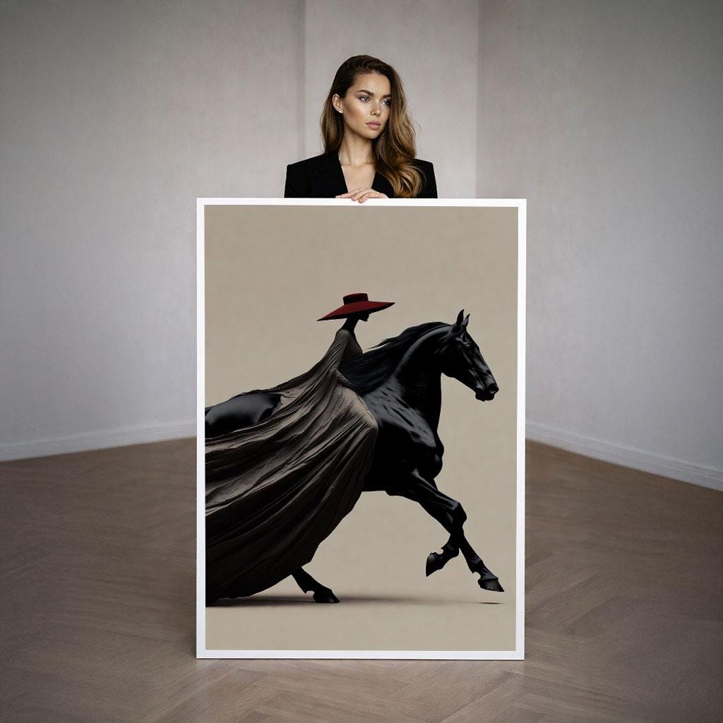 Image 3 of Majestic Black Horse and Rider Canvas Wall Art Print | Elegant Living Room Decor | Statement Piece