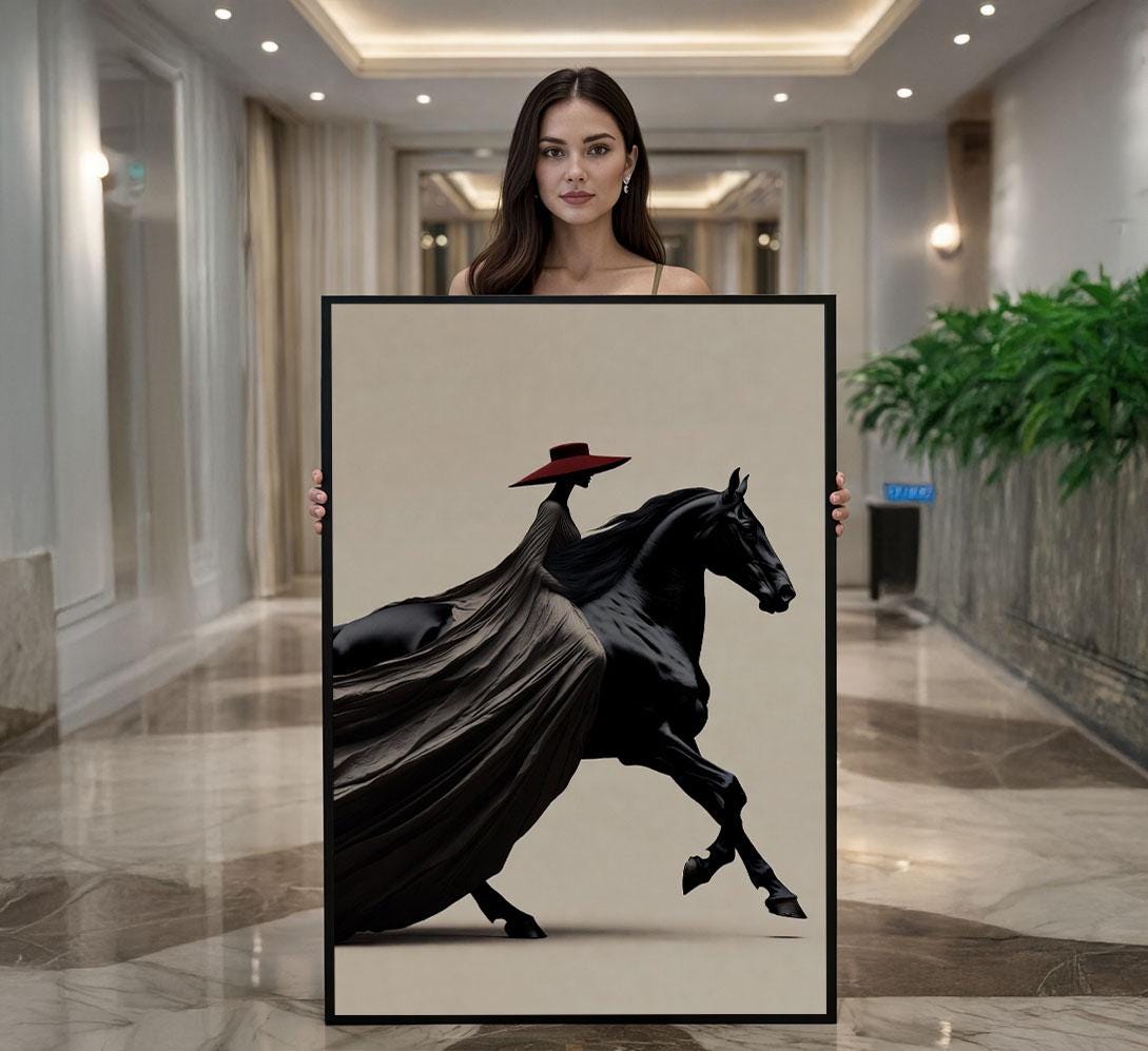 Image 1 of Majestic Black Horse and Rider Canvas Wall Art Print | Elegant Living Room Decor | Statement Piece
