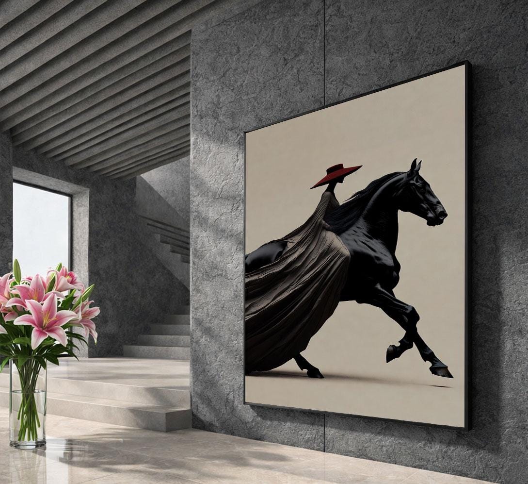 Image 5 of Majestic Black Horse and Rider Canvas Wall Art Print | Elegant Living Room Decor | Statement Piece