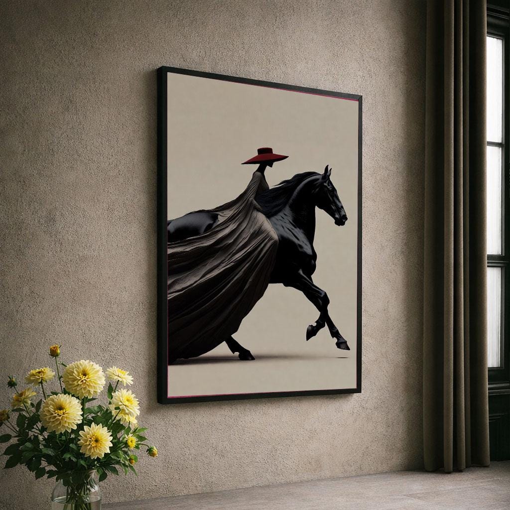 Image 6 of Majestic Black Horse and Rider Canvas Wall Art Print | Elegant Living Room Decor | Statement Piece