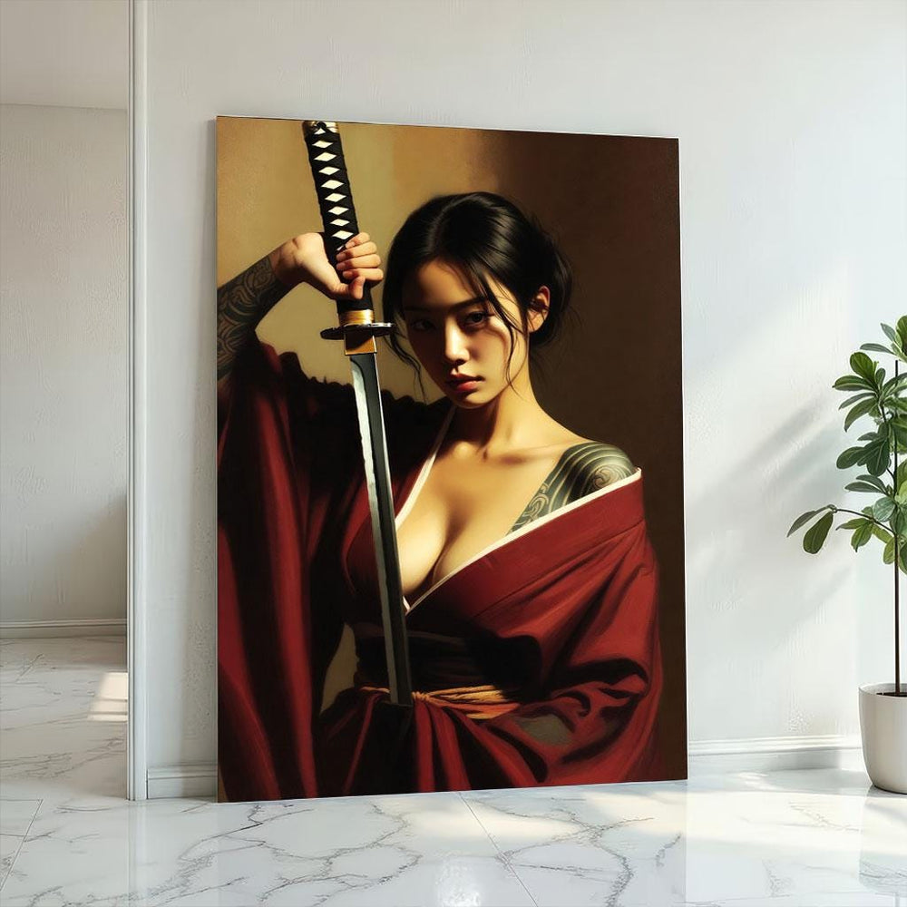 Elegant Samurai Woman Canvas Wall Art Print  Bold Japanese-Inspired Bedroom Wall Decor  Statement Piece