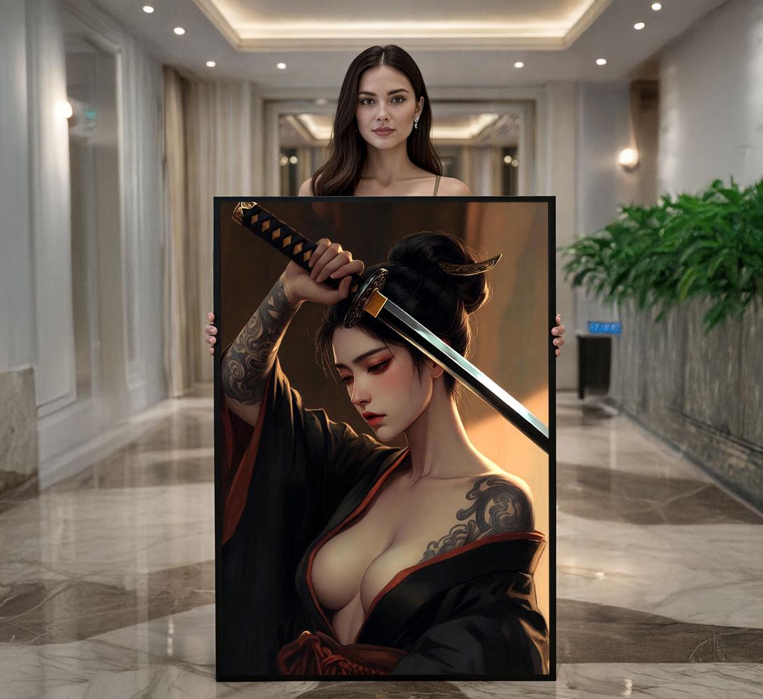 Image 1 of Graceful Samurai Woman Canvas Wall Art Print | Elegant Japanese-Inspired Living Room Decor | Statement Piece