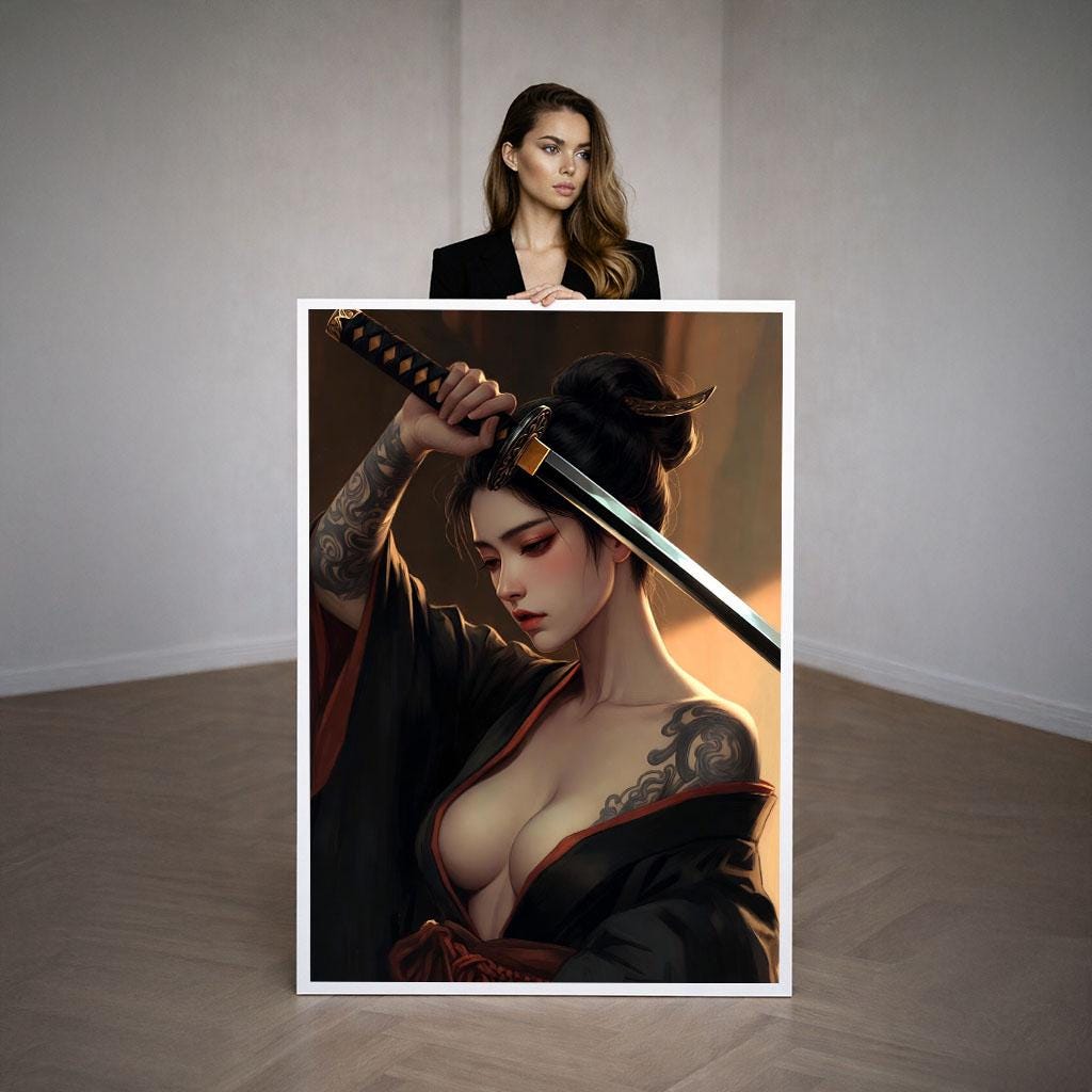 Image 3 of Graceful Samurai Woman Canvas Wall Art Print | Elegant Japanese-Inspired Living Room Decor | Statement Piece