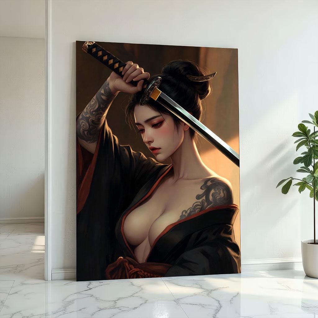 Image 2 of Graceful Samurai Woman Canvas Wall Art Print | Elegant Japanese-Inspired Living Room Decor | Statement Piece