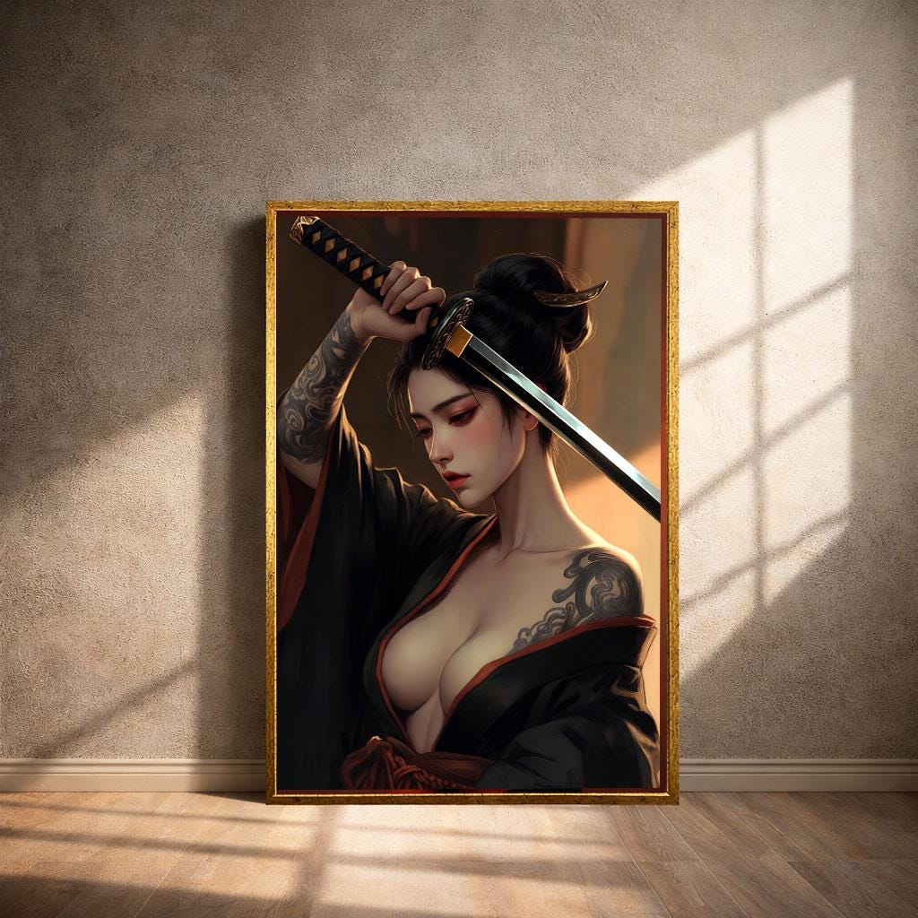 Image 4 of Graceful Samurai Woman Canvas Wall Art Print | Elegant Japanese-Inspired Living Room Decor | Statement Piece
