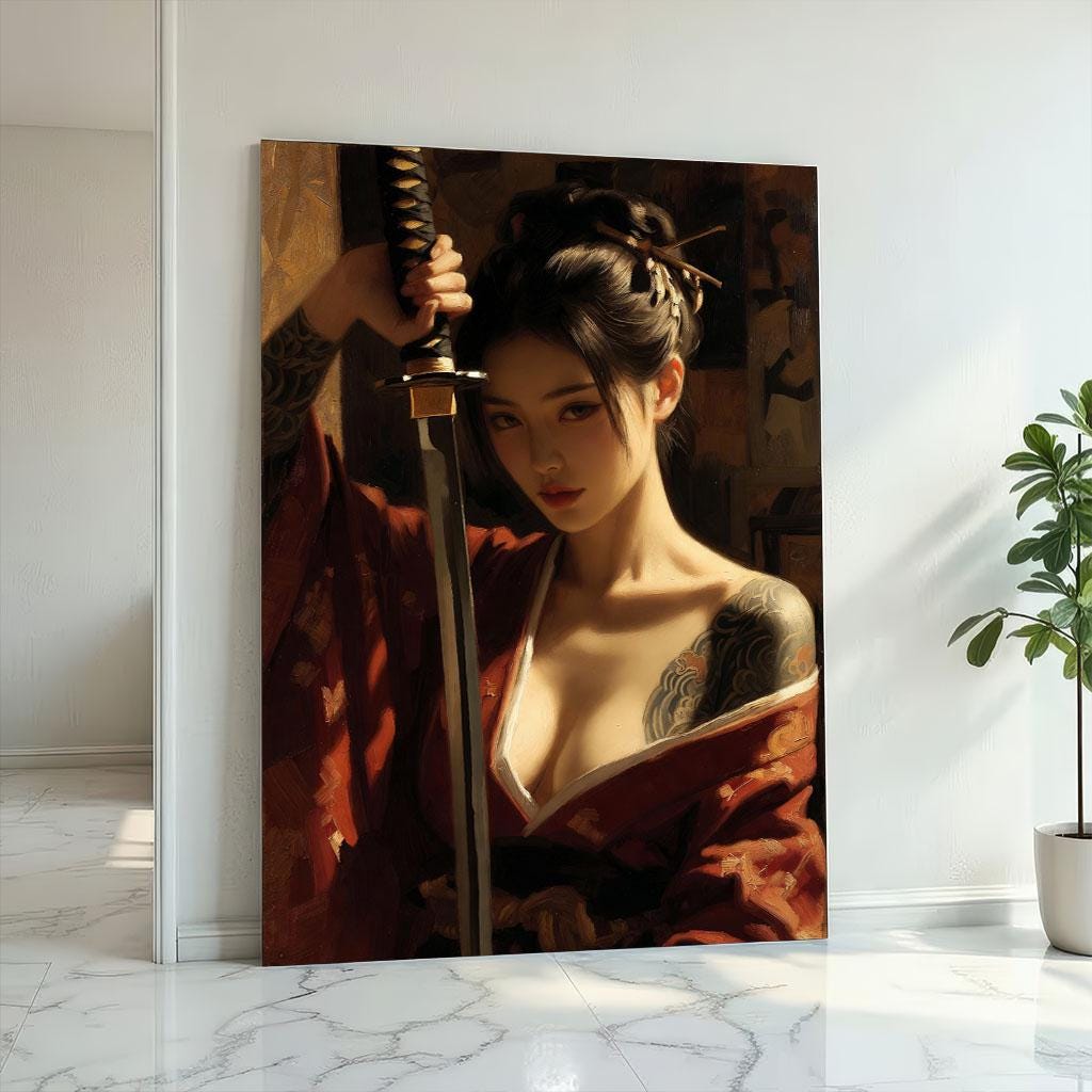 Image 2 of Fierce Samurai Woman Canvas Wall Art Print | Japanese-Inspired Living Room Decor | Statement Piece