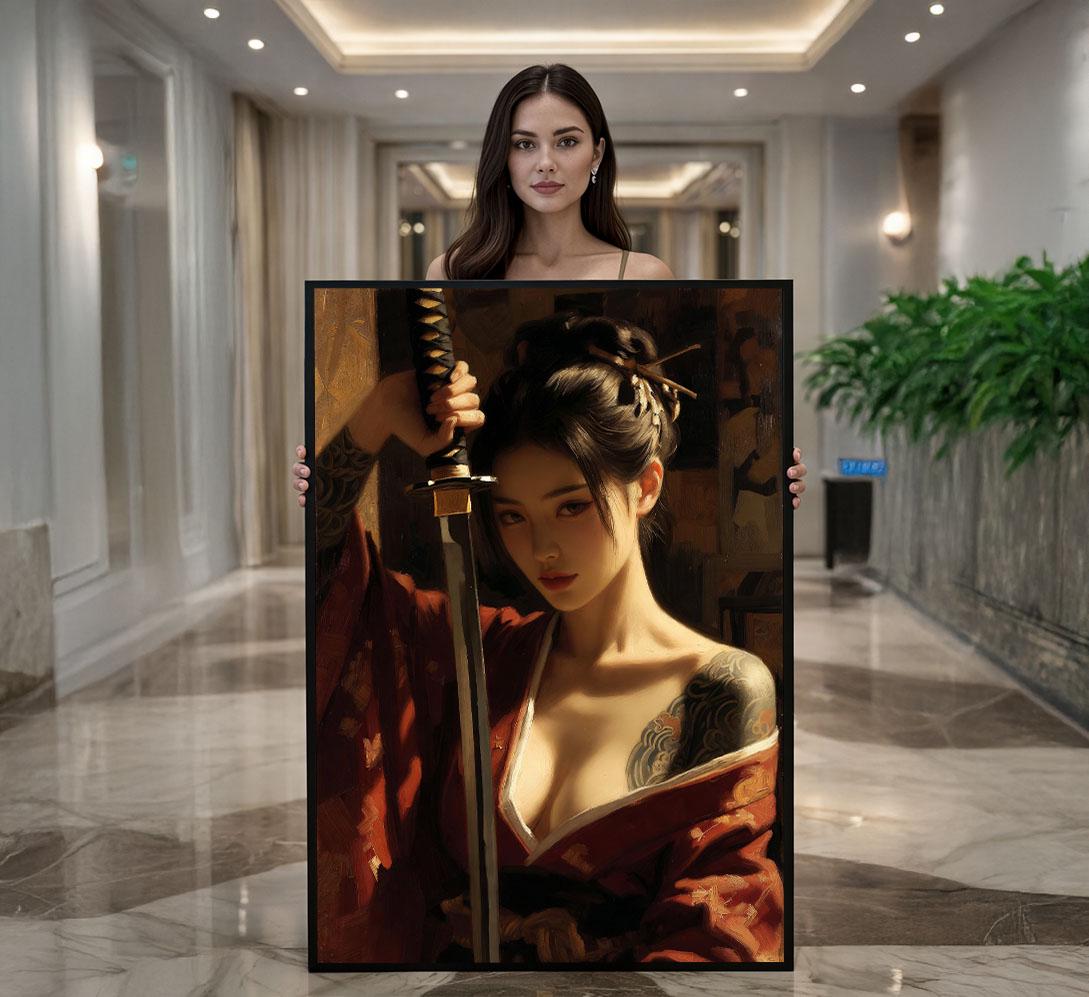 Image 1 of Fierce Samurai Woman Canvas Wall Art Print | Japanese-Inspired Living Room Decor | Statement Piece