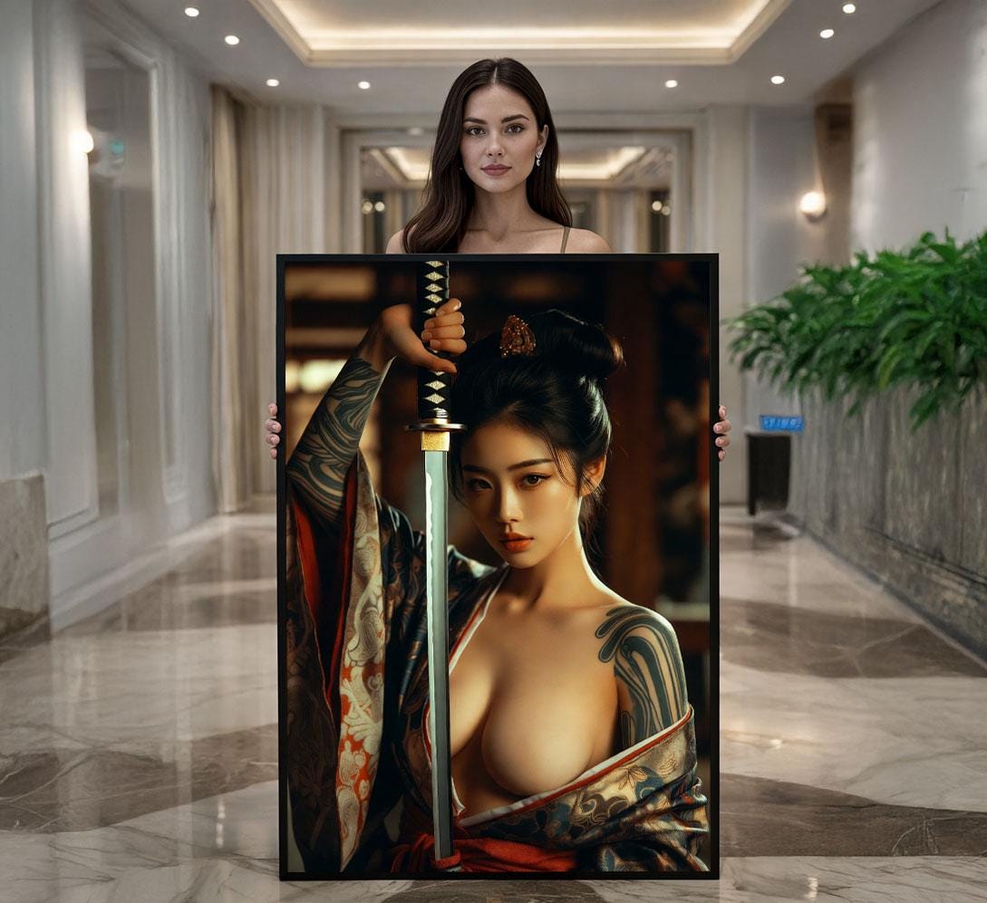 Image 1 of Japanese Warrior Woman Canvas Wall Art Print | Bold Oriental Bedroom Wall Decor | Statement Piece
