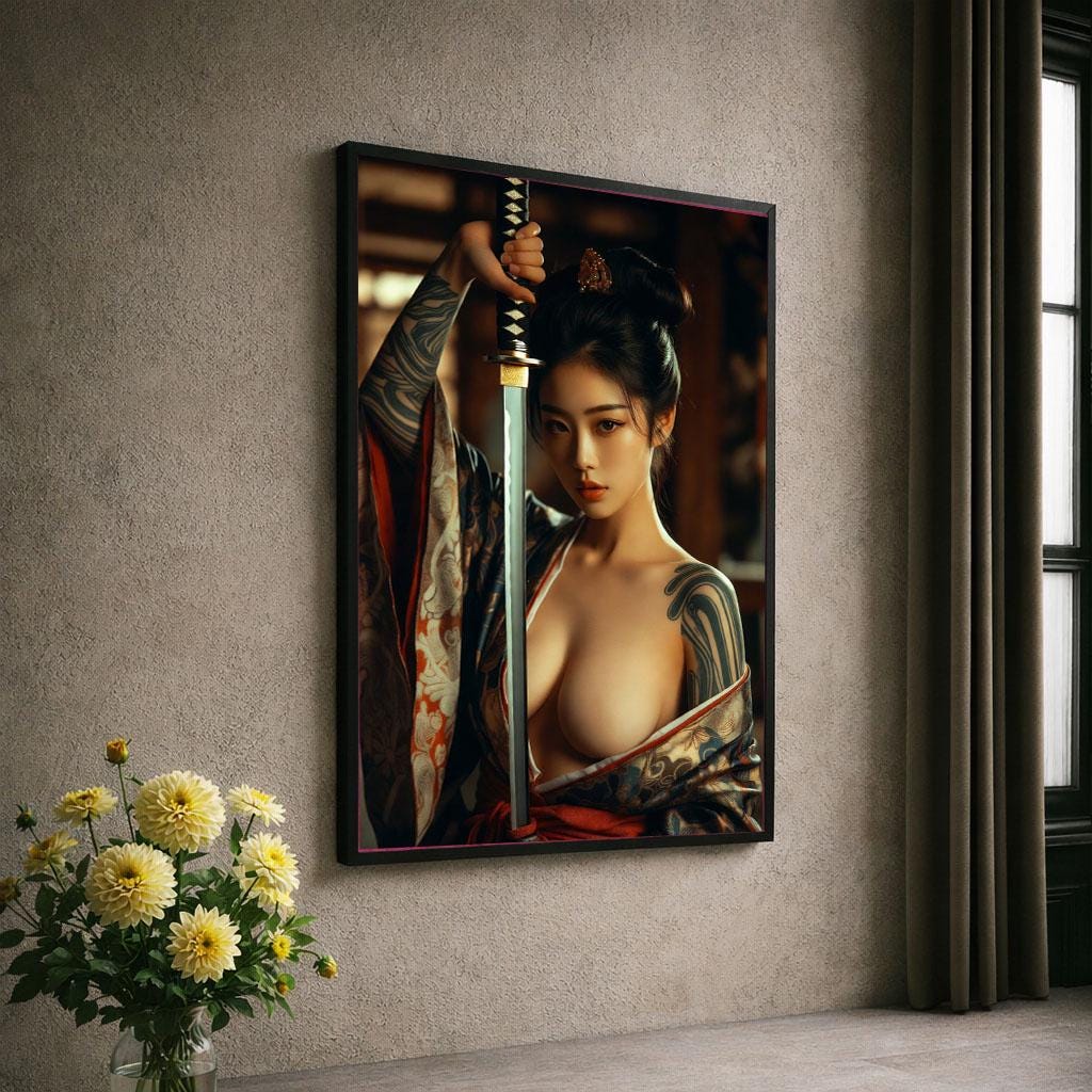 Image 6 of Japanese Warrior Woman Canvas Wall Art Print | Bold Oriental Bedroom Wall Decor | Statement Piece