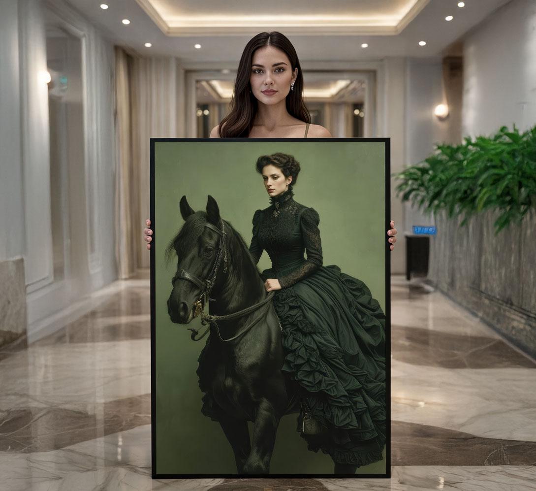 Image 1 of Victorian Elegance Woman on Horse Canvas Wall Art | Dark Green Living Room Decor | Statement Piece