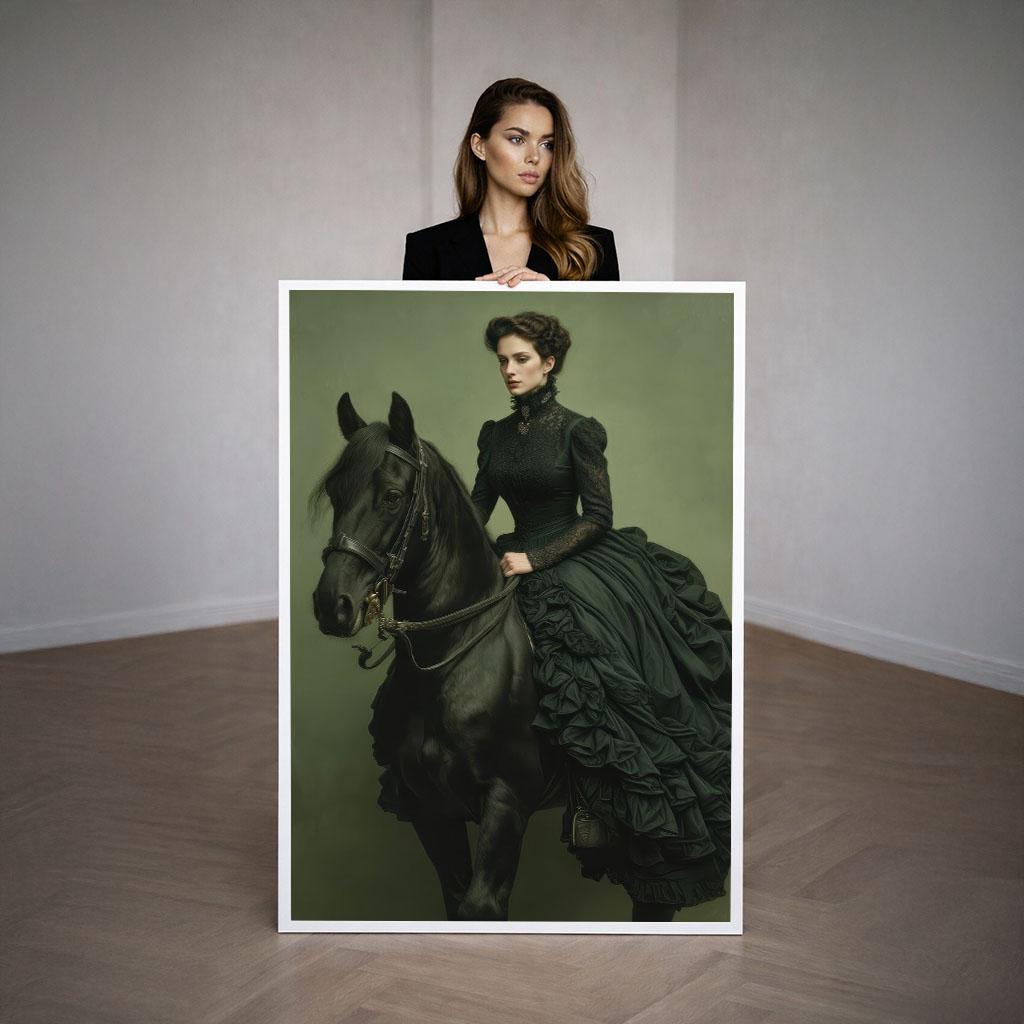 Image 3 of Victorian Elegance Woman on Horse Canvas Wall Art | Dark Green Living Room Decor | Statement Piece