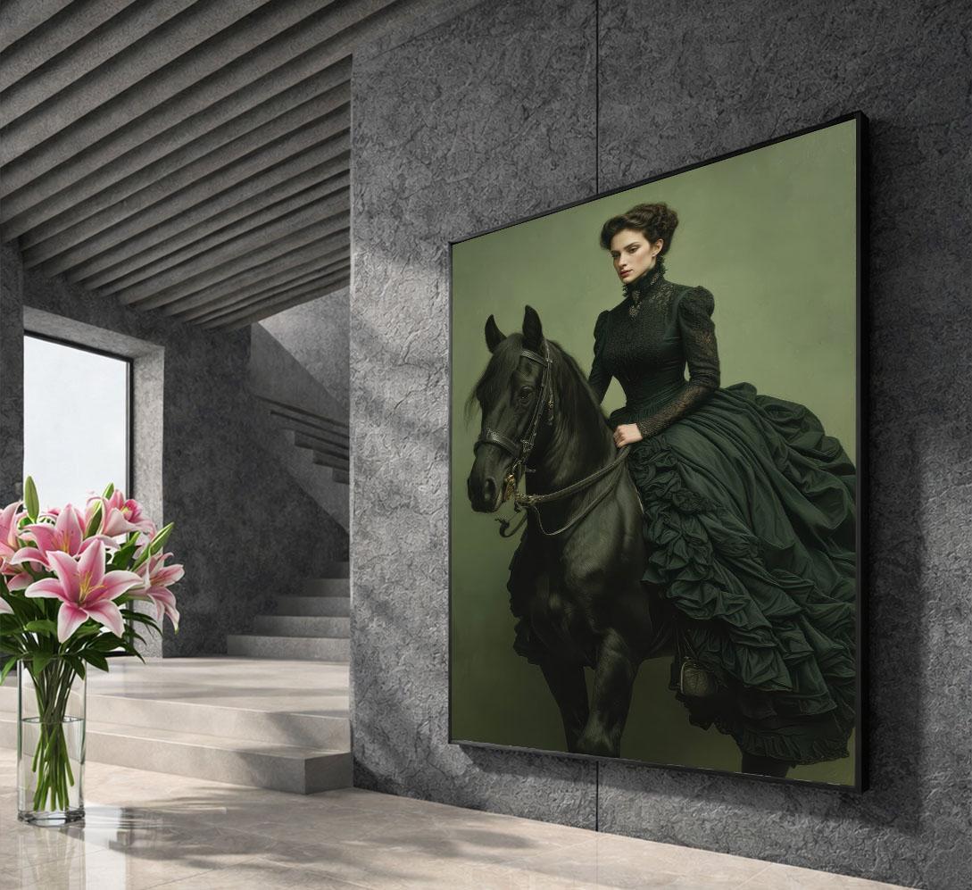 Image 5 of Victorian Elegance Woman on Horse Canvas Wall Art | Dark Green Living Room Decor | Statement Piece