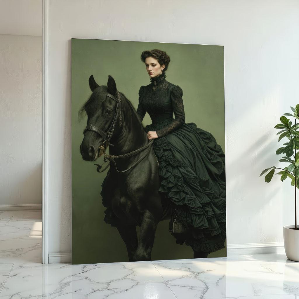 Image 2 of Victorian Elegance Woman on Horse Canvas Wall Art | Dark Green Living Room Decor | Statement Piece