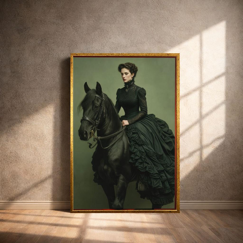 Image 4 of Victorian Elegance Woman on Horse Canvas Wall Art | Dark Green Living Room Decor | Statement Piece
