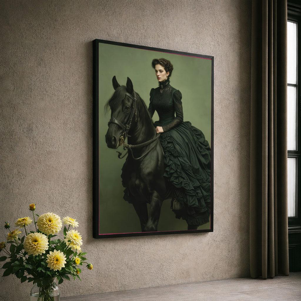 Image 6 of Victorian Elegance Woman on Horse Canvas Wall Art | Dark Green Living Room Decor | Statement Piece