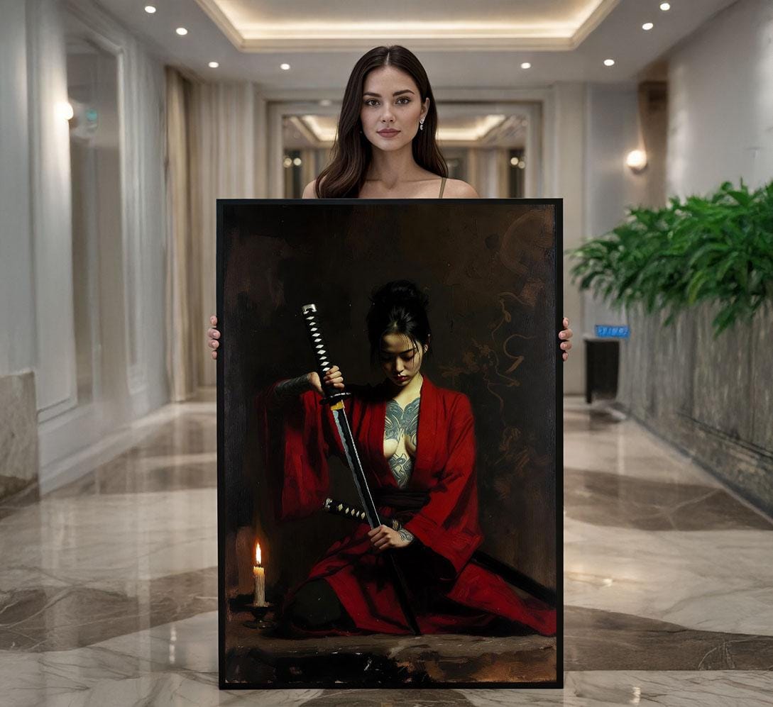 Image 1 of Elegant Samurai Woman in Red Canvas Wall Art Print | Bold Living Room Decor | Statement Piece