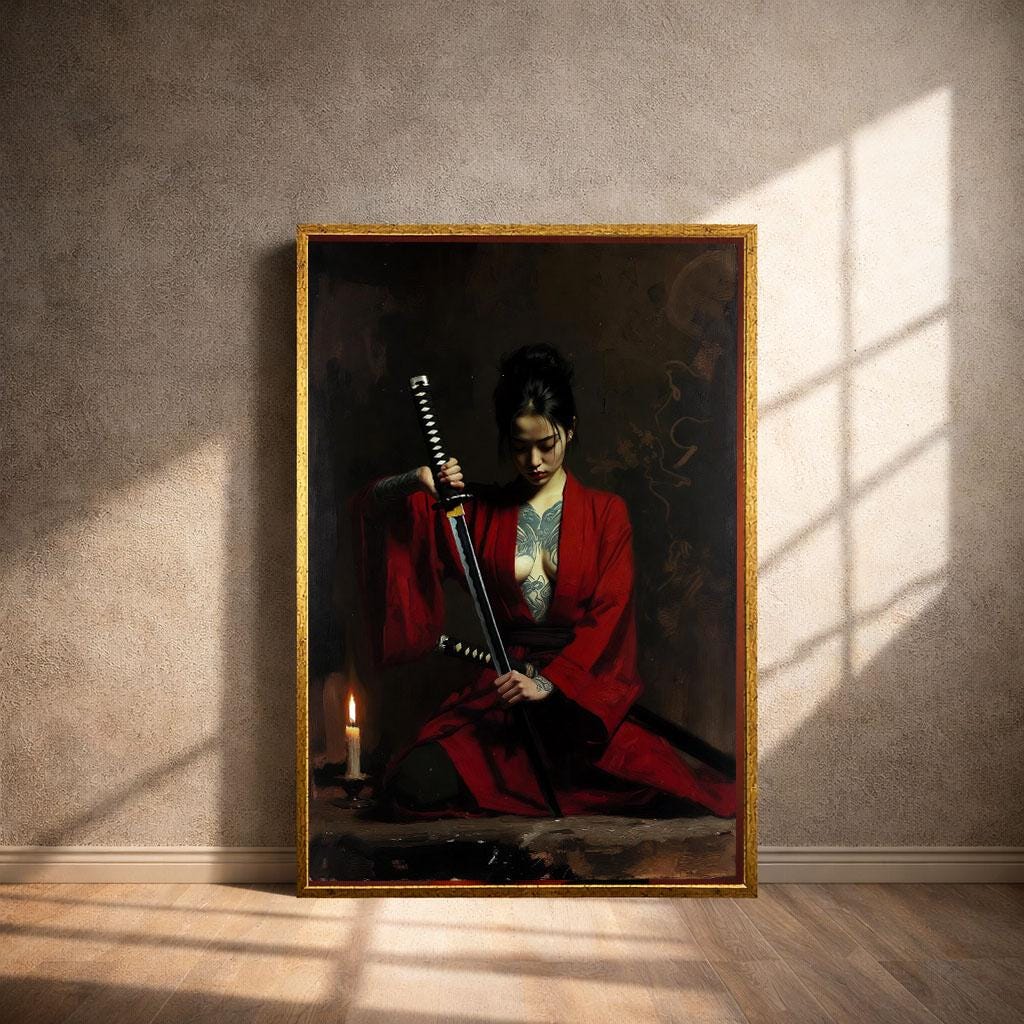Image 4 of Elegant Samurai Woman in Red Canvas Wall Art Print | Bold Living Room Decor | Statement Piece