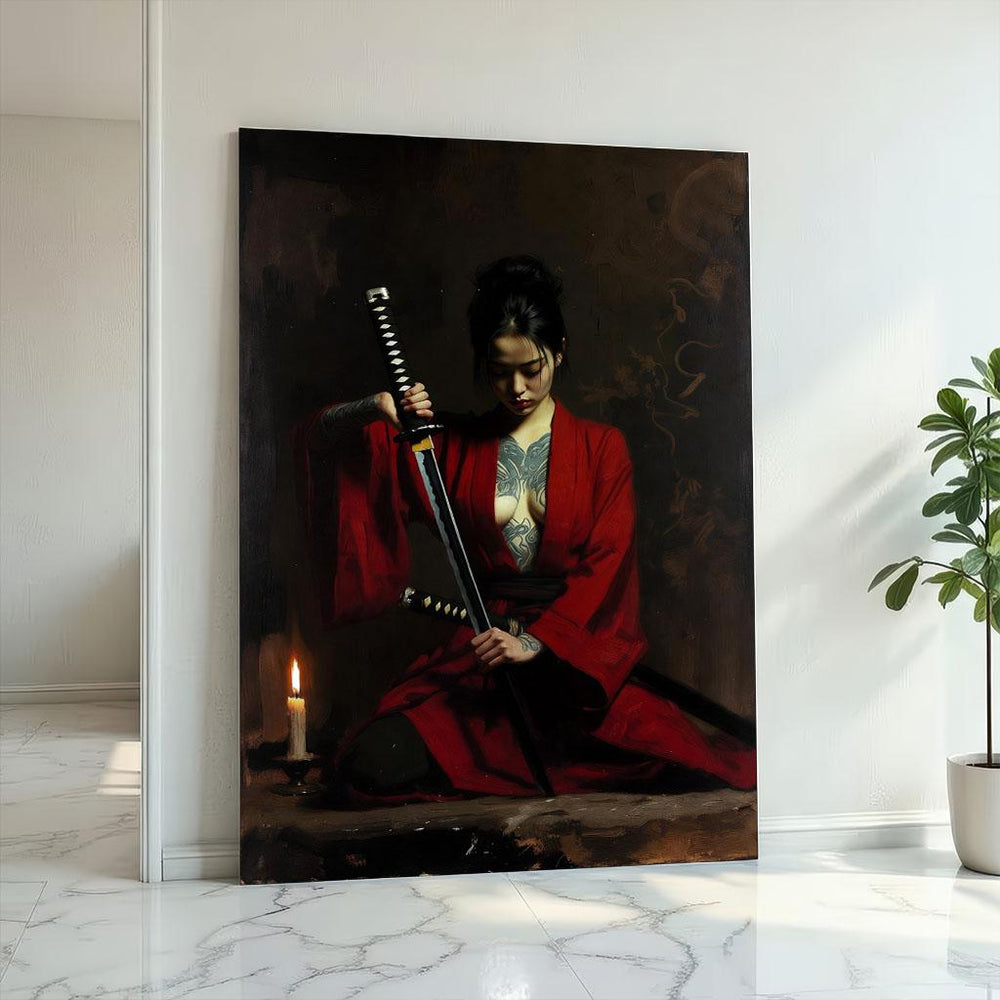 Samurai Woman Canvas Art Print: Bold Red Living Room Decor