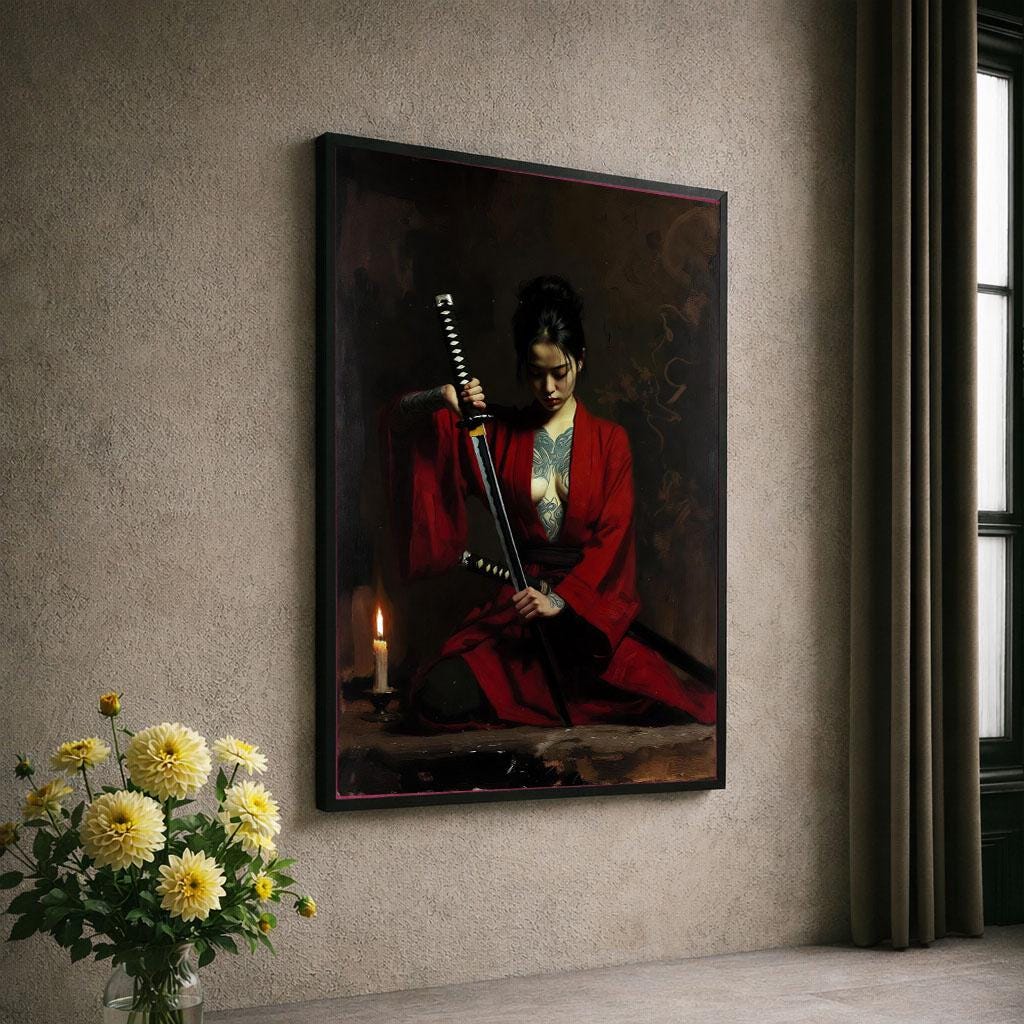 Image 6 of Elegant Samurai Woman in Red Canvas Wall Art Print | Bold Living Room Decor | Statement Piece