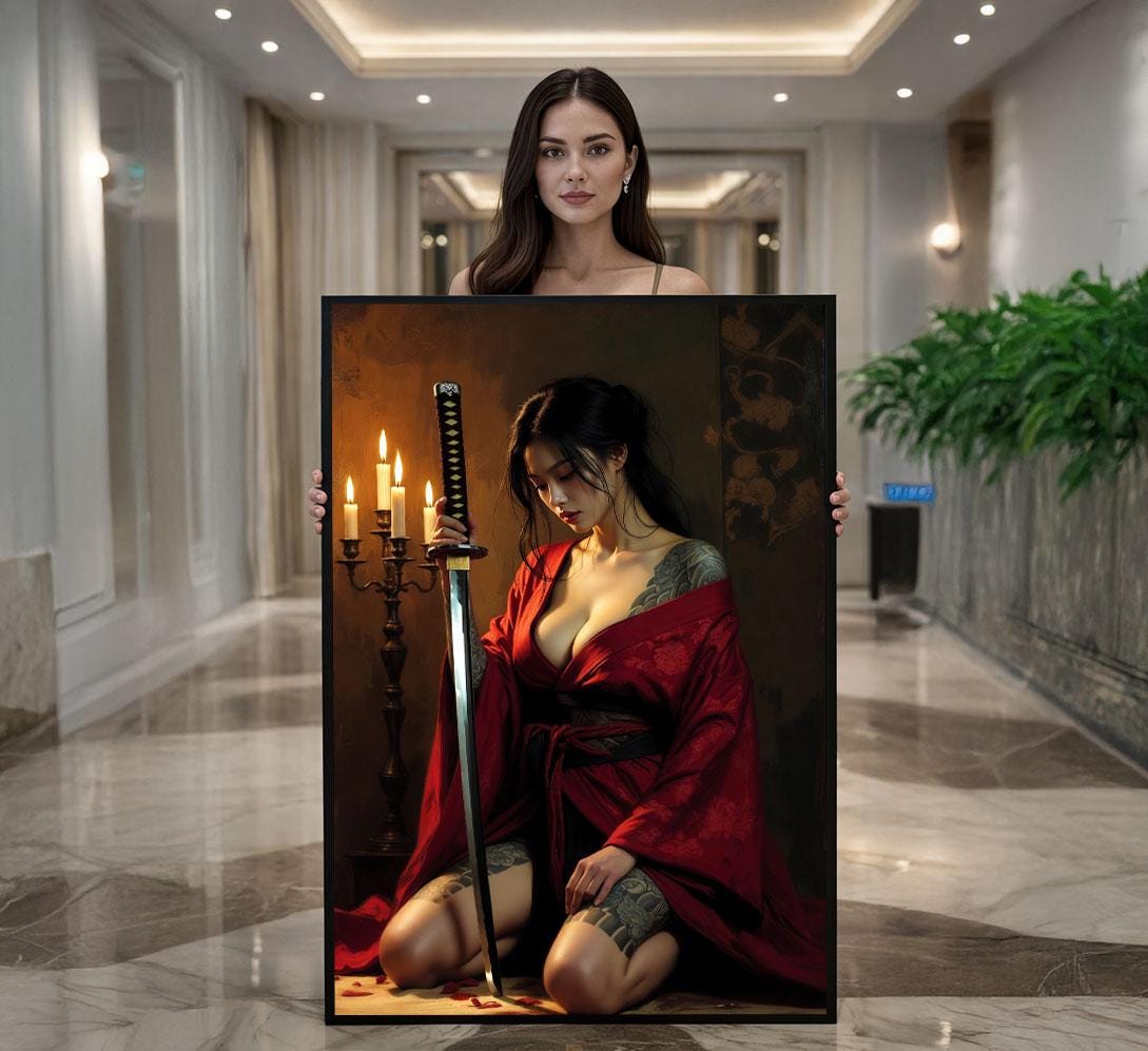 Image 1 of Mystical Samurai Woman Canvas Wall Art | Red and Black Bedroom Decor | Statement Piece