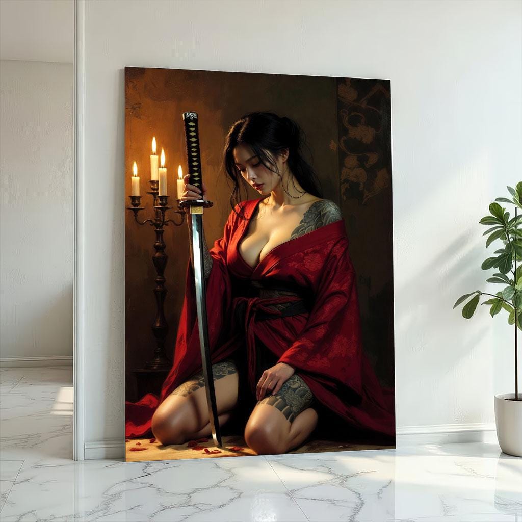 Image 2 of Mystical Samurai Woman Canvas Wall Art | Red and Black Bedroom Decor | Statement Piece