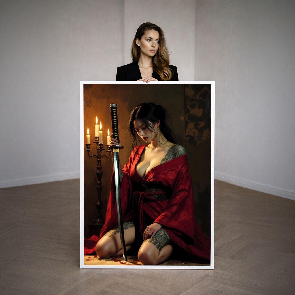 Image 3 of Mystical Samurai Woman Canvas Wall Art | Red and Black Bedroom Decor | Statement Piece