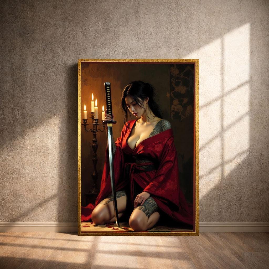 Image 4 of Mystical Samurai Woman Canvas Wall Art | Red and Black Bedroom Decor | Statement Piece