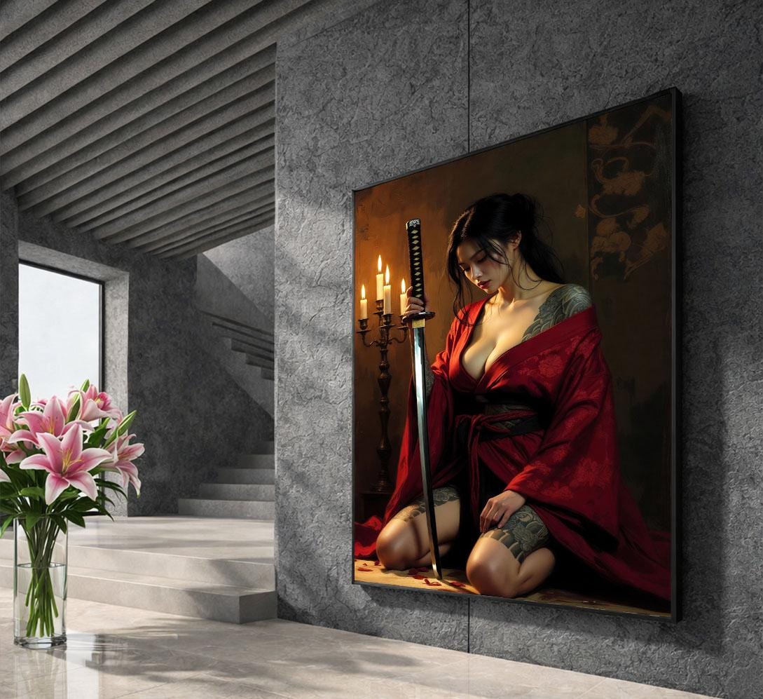 Image 5 of Mystical Samurai Woman Canvas Wall Art | Red and Black Bedroom Decor | Statement Piece