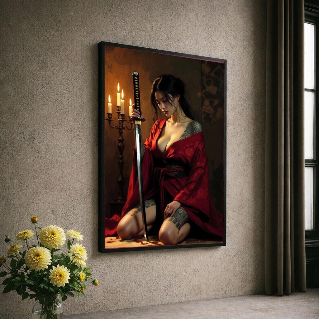 Image 6 of Mystical Samurai Woman Canvas Wall Art | Red and Black Bedroom Decor | Statement Piece