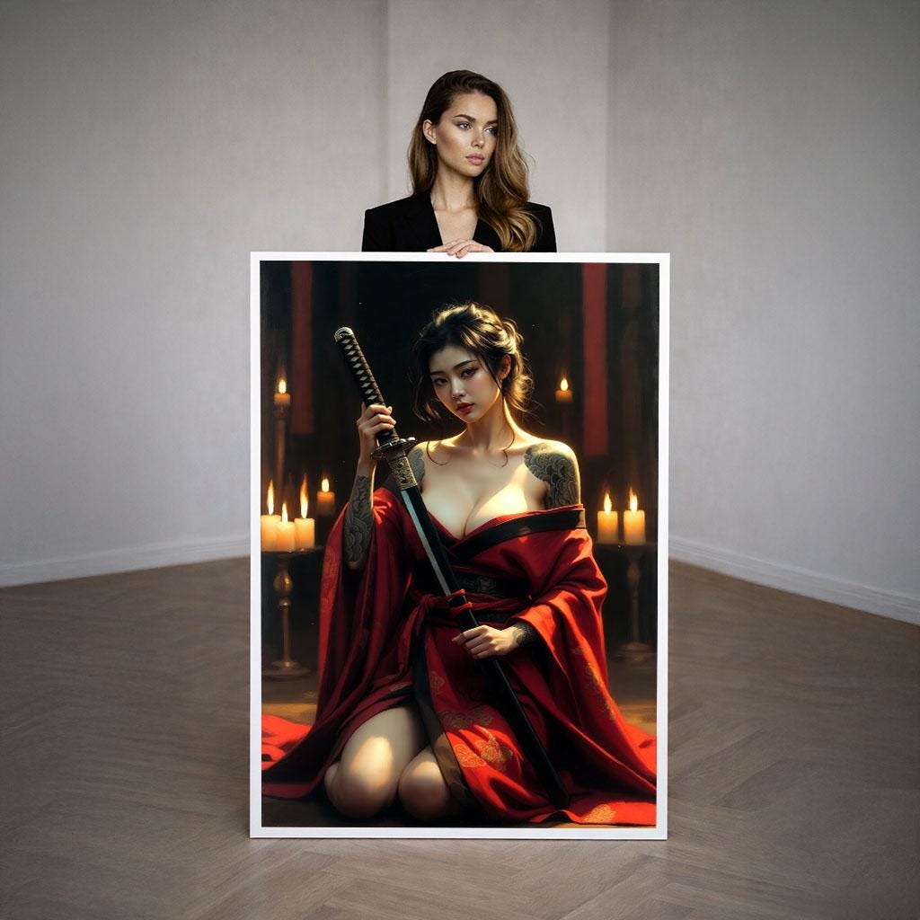 Image 3 of Fierce Samurai Woman Canvas Wall Art Print | Bold Red and Candlelit Bedroom Decor | Statement Piece