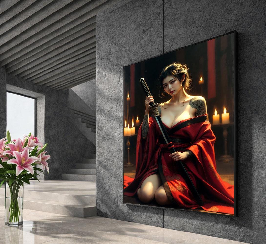 Image 5 of Fierce Samurai Woman Canvas Wall Art Print | Bold Red and Candlelit Bedroom Decor | Statement Piece