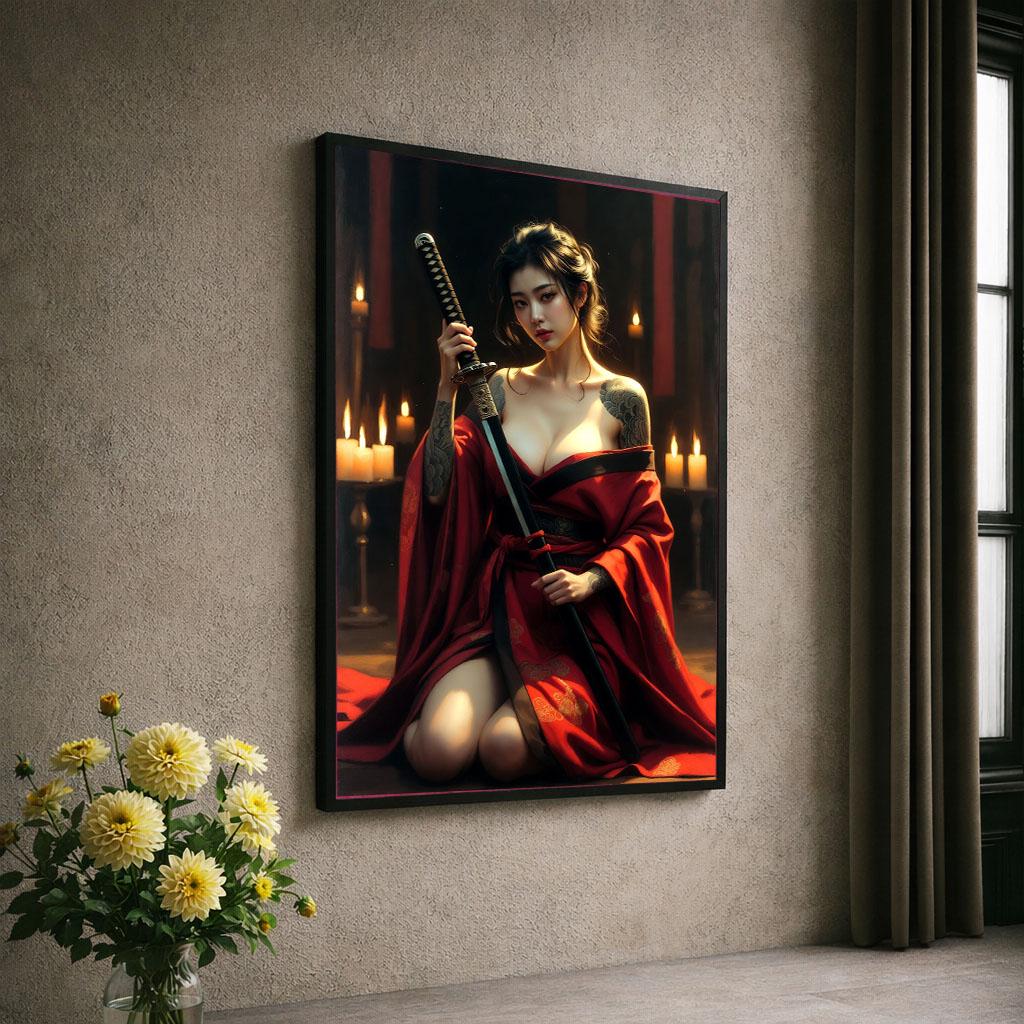 Image 6 of Fierce Samurai Woman Canvas Wall Art Print | Bold Red and Candlelit Bedroom Decor | Statement Piece