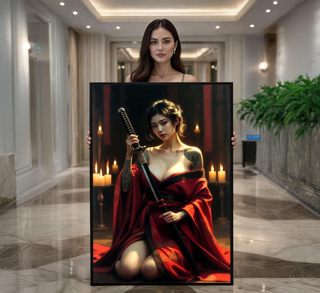 Image 1 of Fierce Samurai Woman Canvas Wall Art Print | Bold Red and Candlelit Bedroom Decor | Statement Piece