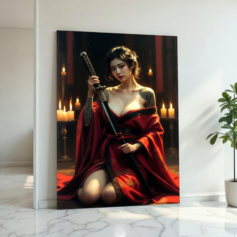 Samurai Woman Canvas Print: Red Kimono, Candlelit Decor