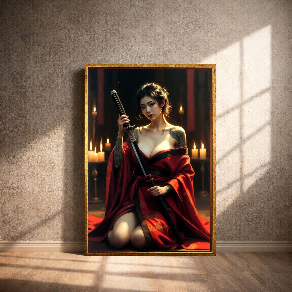 Image 4 of Fierce Samurai Woman Canvas Wall Art Print | Bold Red and Candlelit Bedroom Decor | Statement Piece