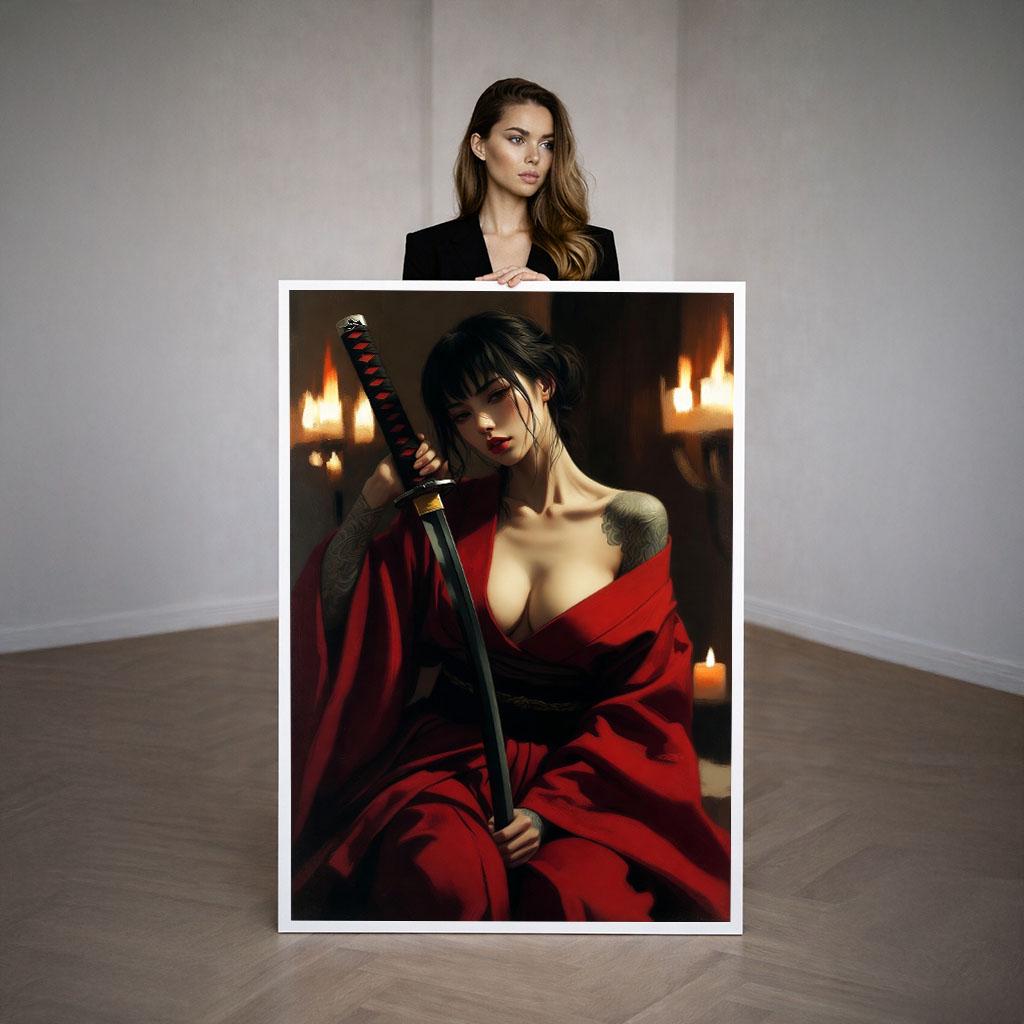 Image 3 of Confident Samurai Woman in Red Kimono Canvas Wall Art | Bold Japanese Style Living Room Decor | Statement Piece