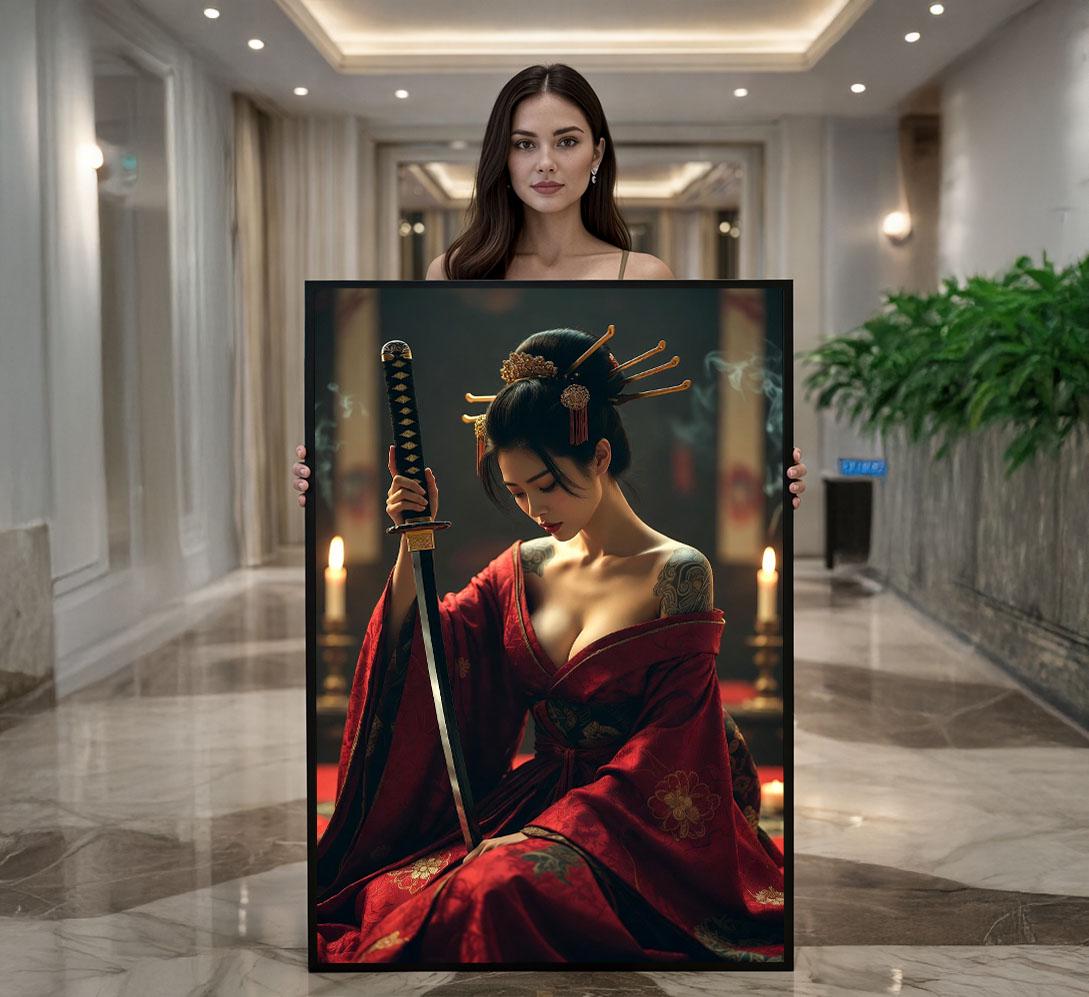 Image 1 of Noble Samurai Woman in Red Kimono Canvas Wall Art Print | Elegant Living Room Decor | Statement Piece