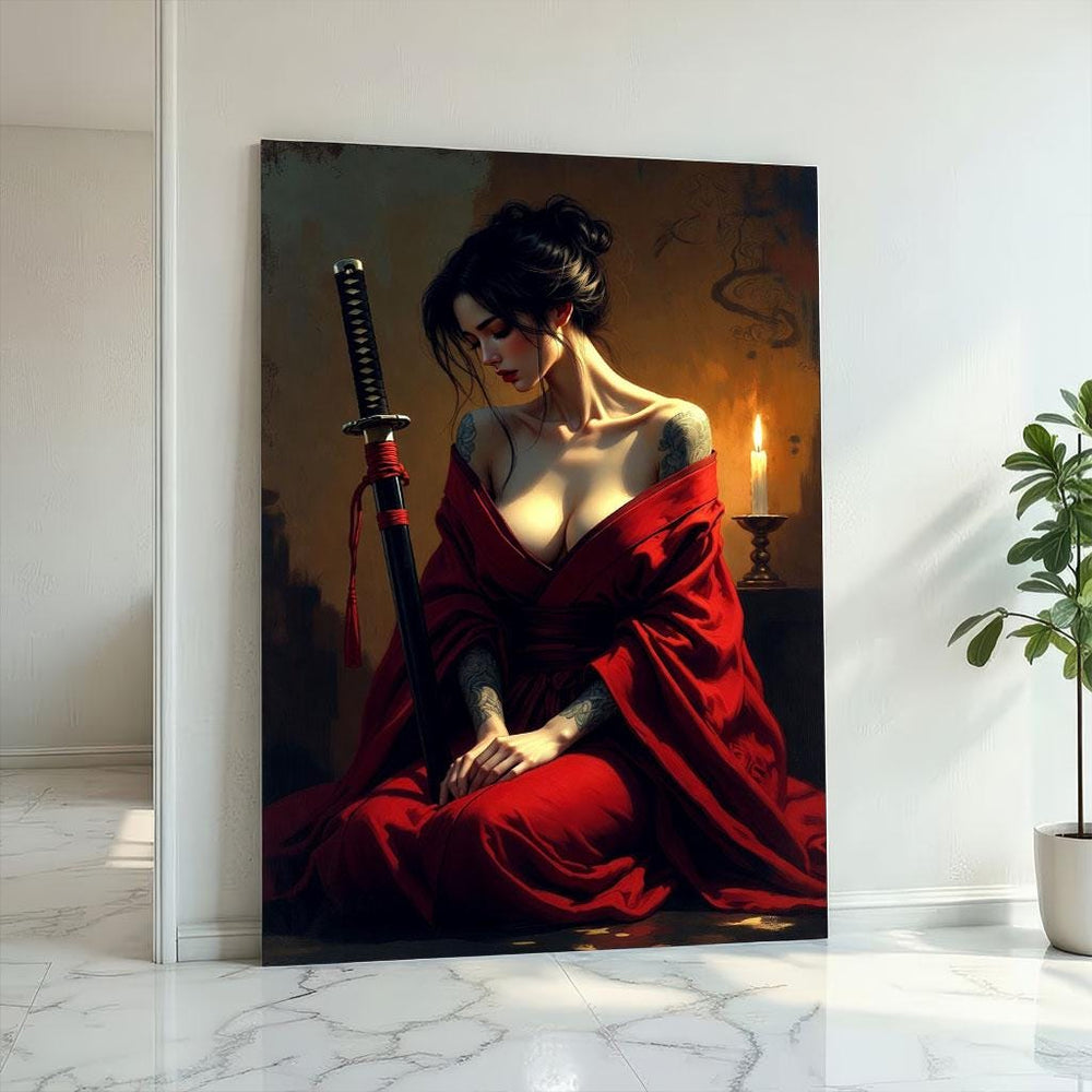 Samurai Woman Canvas Print: Mystical Red Kimono Art
