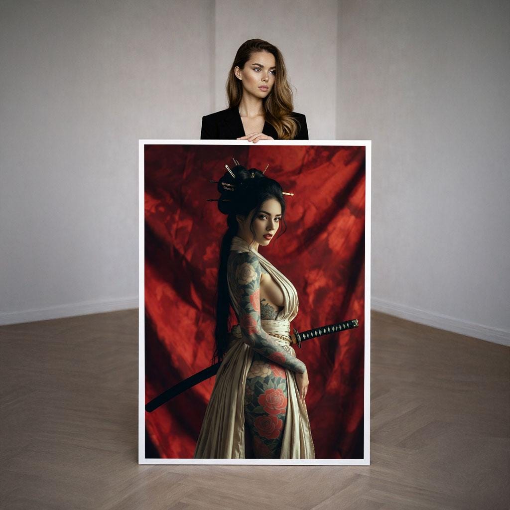 Image 3 of Samurai Warrior Woman Canvas Wall Art | Bold Red and Black Bedroom Wall Decor | Statement Piece