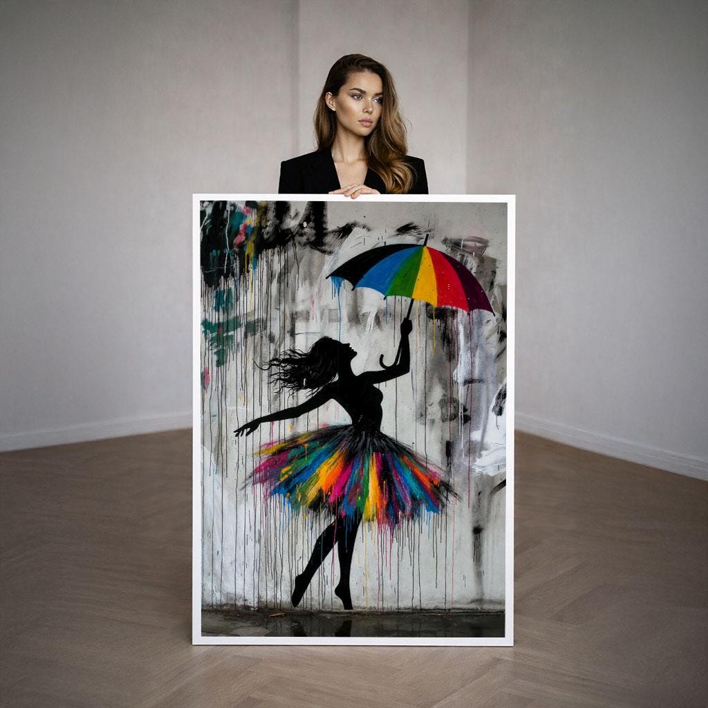 Image 3 of Banksy Inspired Rainbow Umbrella Girl Graffiti Canvas Wall Art Print | Modern Living Room Decor | Street Art Gift